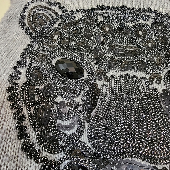 H & M jeweled sequin sparkly cat front gray knit sweater woman's size large - Picture 4 of 8